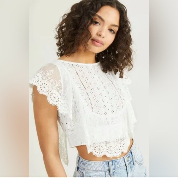 Free People Tops - Free People Aurelia Eyelet Top White Cropped Lace Tieback Extra Small EUC